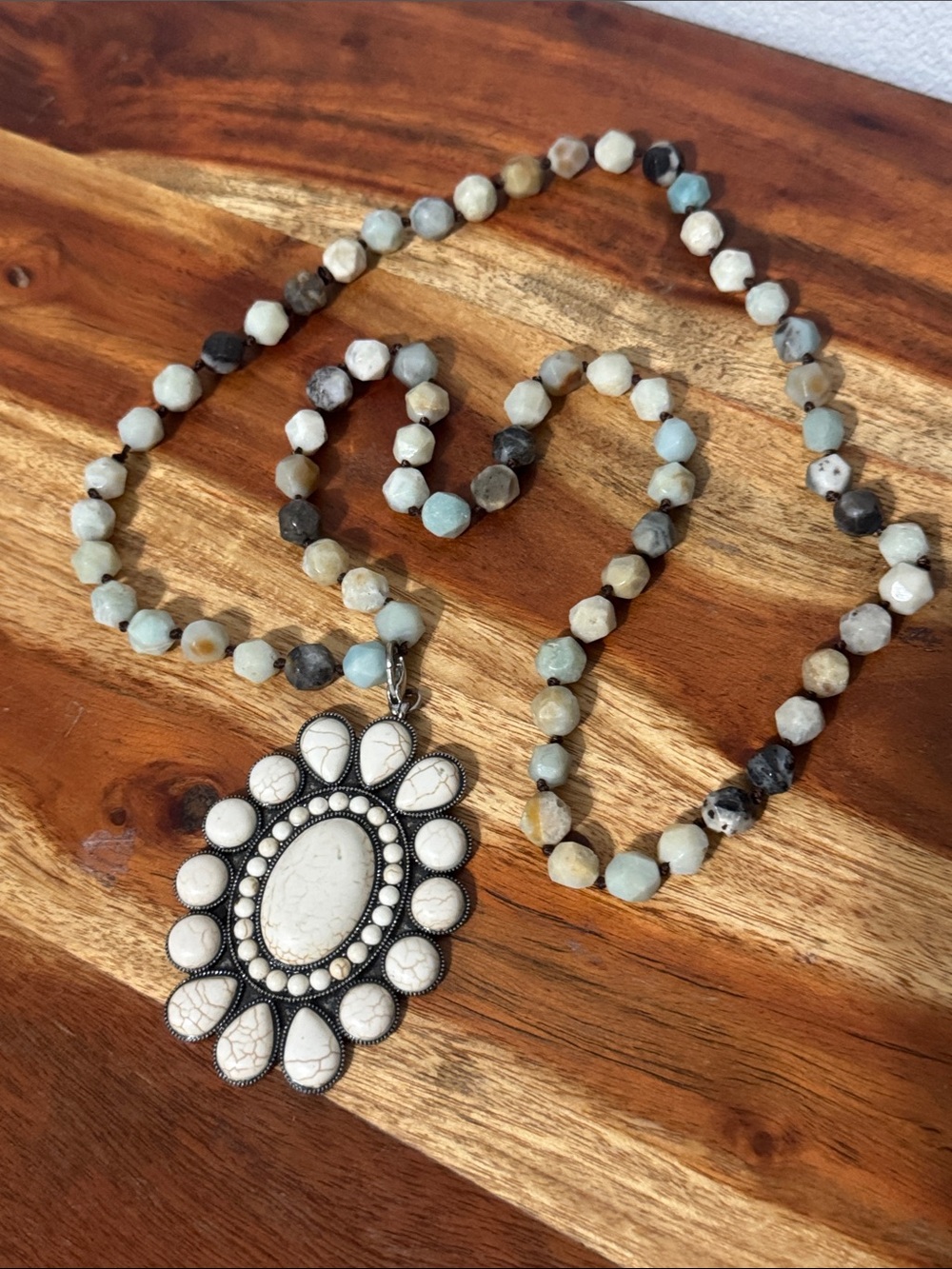 Western Boho Amazonite Beaded Statement Necklace White Stone Flower Concho